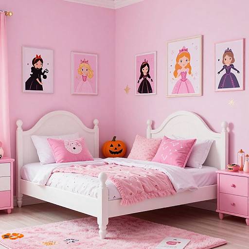 Photograph of a pink-themed girls' bedroom with a white bed, pink pillows, Halloween pumpkin, Disney princess posters, pink nightstands, and a
