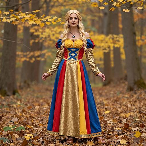 Blonde Woman in Medieval-Style Dress in Autumn Forest
