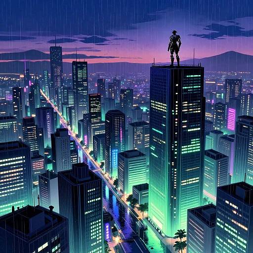 Digital artwork of a cityscape at night: neon-lit skyscrapers, illuminated streets, and a silhouetted figure standing on a rooftop