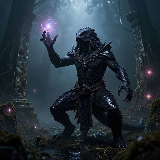 Digital fantasy art of a dark, armored, reptilian creature with glowing purple orb in misty, ruined temple, surrounded by glowing orbs.
