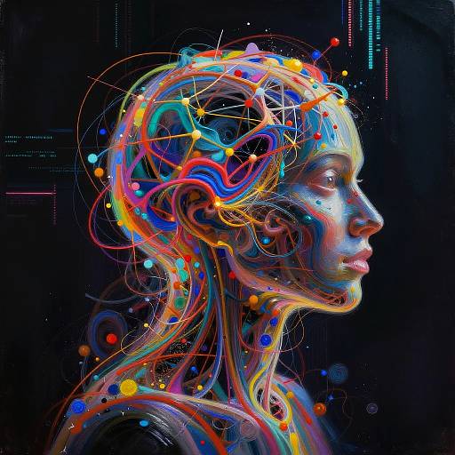 Digital artwork of a glowing, neon-colored, humanoid profile with swirling, vibrant lines and stars against a dark background, resembling a futuristic, abstract mind or