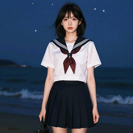 Girl in School Uniform at Beach Night