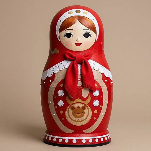 Photograph of a red, wooden, Christmas-themed figurine with a smiling face, brown hair, white lace, red scarf, and circular design with