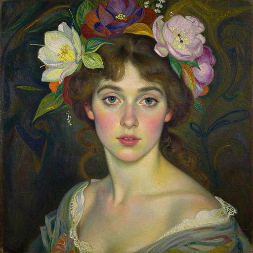 Digital painting of a young woman with fair skin, brown wavy hair, and wide eyes, wearing a floral headpiece with large white and pink flowers