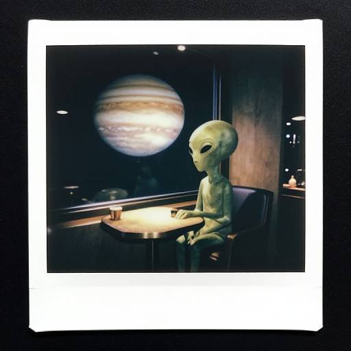 Digital artwork: Alien with green, smooth skin sits at a dimly lit table, gazing at a large window showing Jupiter. Framed in a