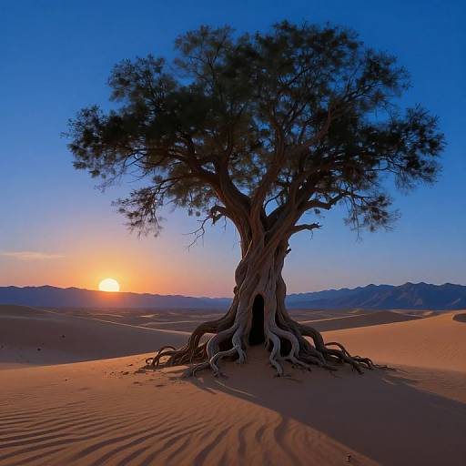 Photograph of a solitary, large, twisted tree with exposed roots in a desert, silhouetted against a vivid blue sky and orange sunset,