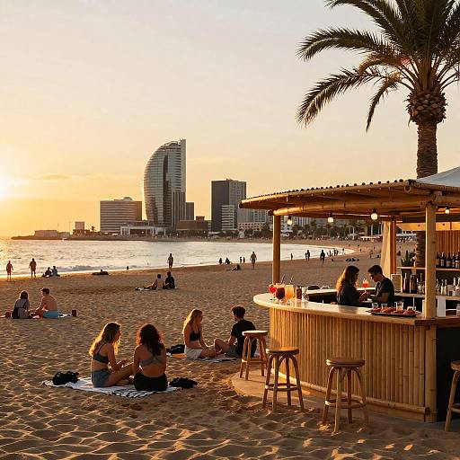 Sunset beach scene with wooden bar, palm tree, people sitting and chatting, and modern city skyline in the background. Warm, golden light.