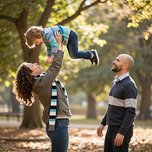 Photograph of a bearded bald man with a beard, wearing a striped sweater, smiling at a woman with curly hair lifting their child, who is