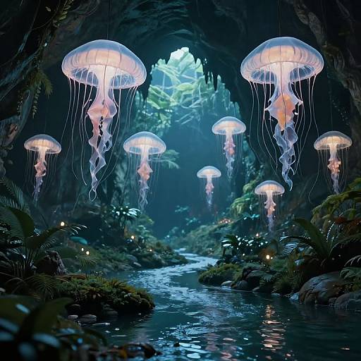 Dreamy underwater cave illuminated by glowing jellyfish, surrounded by lush greenery and a gentle stream, captured in a vivid digital artwork.