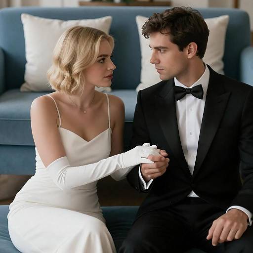 Elegant Couple on a Blue Couch