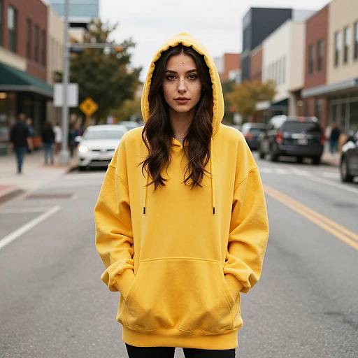 Woman in Yellow Hoodie on City Street