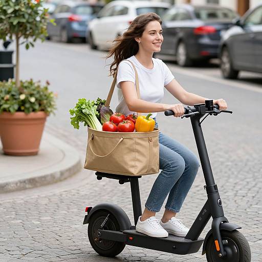 Woman Riding Electric Scooter with Produce