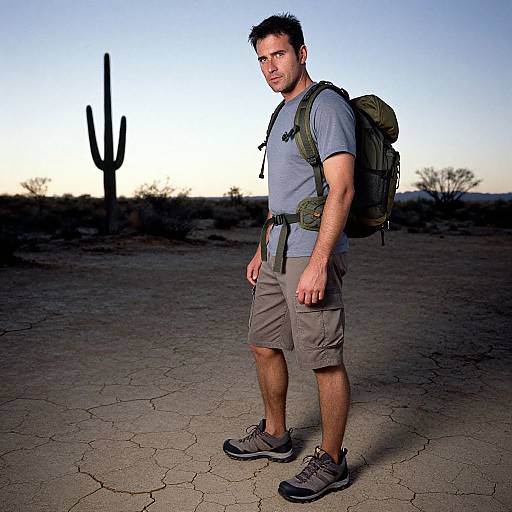 Photograph of a muscular, short-haired man with light skin, wearing a grey T-shirt, khaki shorts, hiking boots, and a green backpack