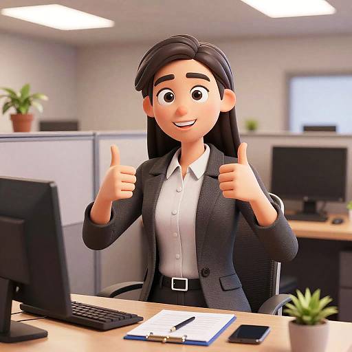 3D Businesswoman Giving Thumbs Up in Office