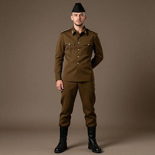 Photograph of a young Caucasian man in a brown military uniform, black beret, and black boots, standing against a plain gray background.