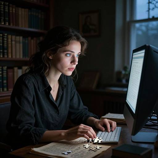 Photograph: Intense-focused brunette woman with blue eyes, wearing black blouse, solves puzzle on wooden desk in dimly lit library, staring at laptop