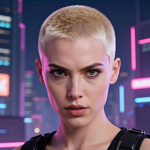Digital portrait of a fierce, androgynous individual with short, platinum blonde hair, piercing blue eyes, and a serious expression, set against a