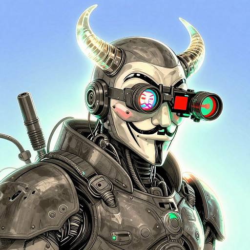 Digital art of a horned, white-masked cyborg with colorful, dual-lens goggles and black armored shoulders against a gradient blue background.