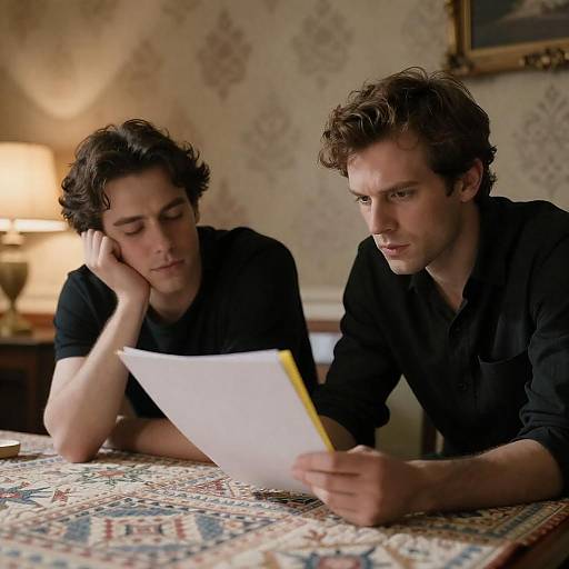 Two Men Reading Paper at Table