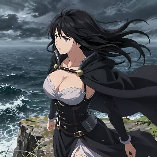 Anime-style drawing of a black-haired, blue-eyed woman with large breasts, wearing a black cloak and white lace top, standing by a stormy sea