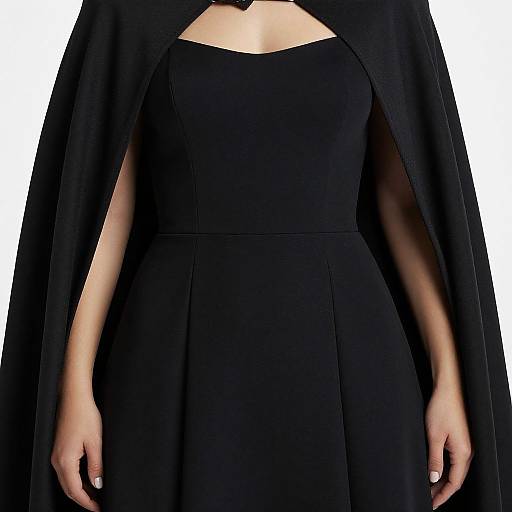 Photograph of a woman wearing a black, sleeveless dress with a square neckline and a flowing black cape, arms relaxed at sides.