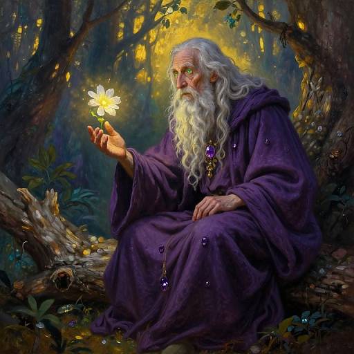 Magical forest scene: elderly wizard with long white beard, green eyes, and purple robe, gently holds glowing white flower, surrounded by enchanted trees and