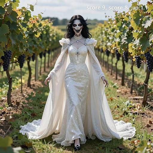 Photograph of a dark-haired woman in a white, long-sleeved, lace wedding dress standing in a sunlit grapevine vineyard, with