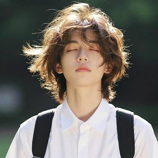 Serene young person with wind-blown hair outdoors