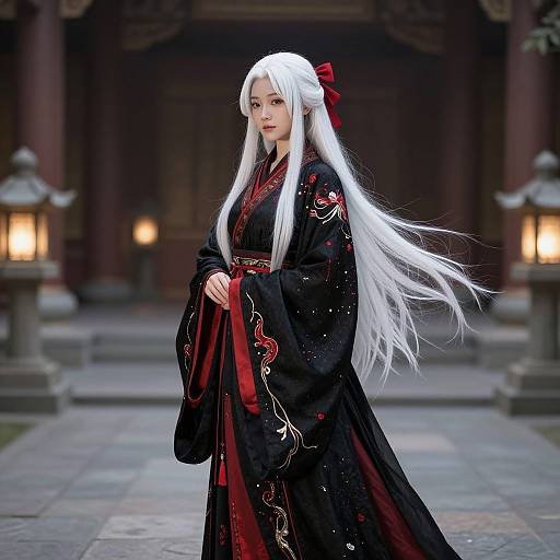 Digital art of a beautiful Asian woman with long white hair, wearing a black kimono with red and gold embroidery, standing in a traditional Japanese courtyard at