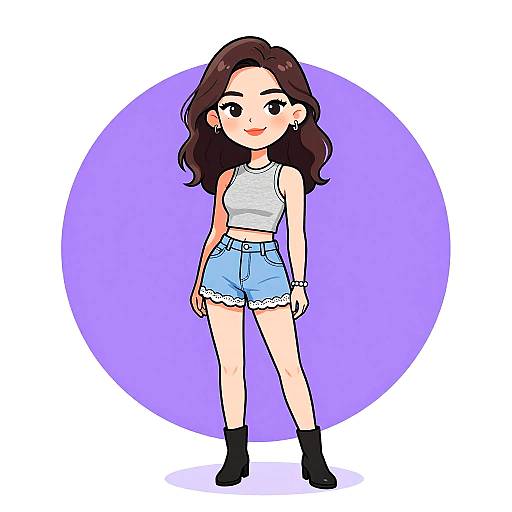 Cartoon-style digital drawing of a cute young woman with long brown hair, wearing a white crop top, blue denim shorts, black ankle boots, and