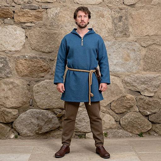 Photograph of a bearded man in medieval-style blue tunic, brown pants, and leather shoes, standing against a stone wall.