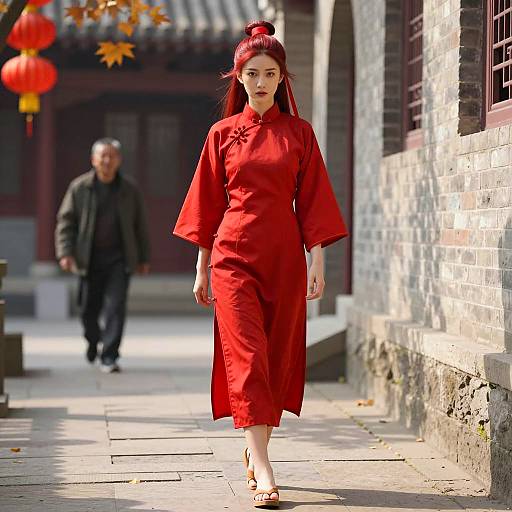 Asian Woman in Traditional Red Qipao at Chinese Temple