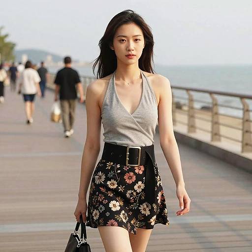 Photograph of an Asian woman with long black hair, wearing a gray halter top and black floral skirt, walking on a seaside boardwalk, holding