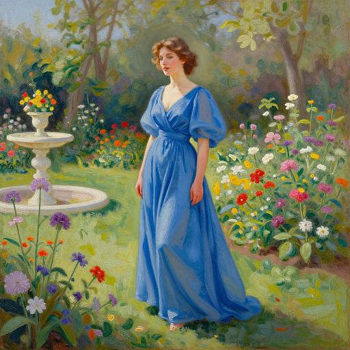 Vintage-style painting of a brunette woman in a flowing blue dress standing in a vibrant, colorful garden with a flower-filled fountain.