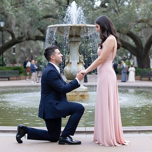 Photograph of a man in a black suit kneeling, holding a woman's hand in a pink gown, in front of a fountain in a park.