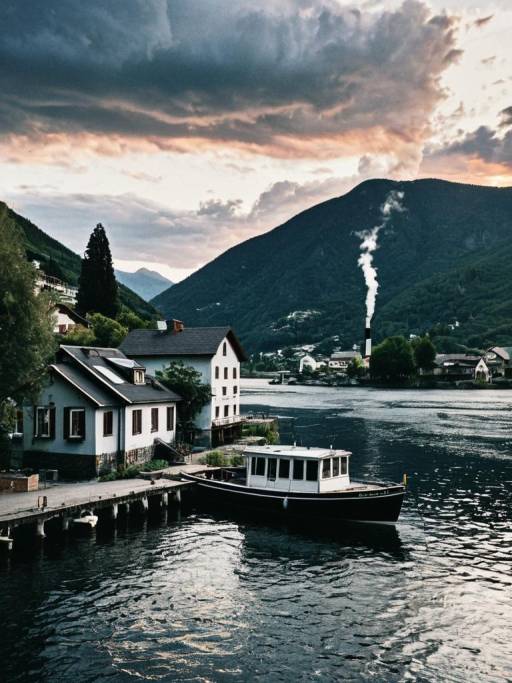 Boat Docked by Lakeside Village at Sunset