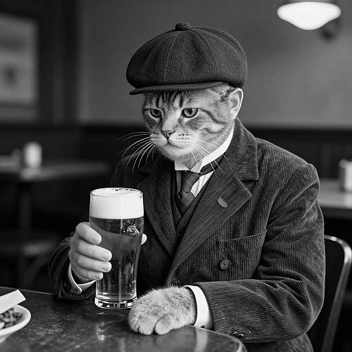 Distinguished Cat in 1930s Pub Holding Beer