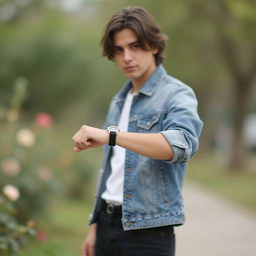 Photograph of a young man with wavy brown hair, wearing a blue denim jacket, white shirt, black pants, and black watch, pointing forward