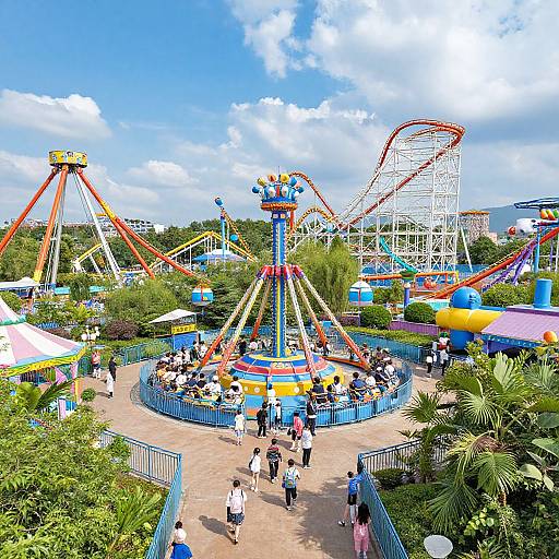 Photograph of a vibrant amusement park with colorful roller coasters, a central spinning ride, crowds, palm trees, blue sky, and scattered clouds.