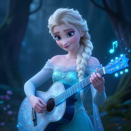 Digital CGI of Elsa from Frozen playing a glowing blue acoustic guitar in a mystical forest, with musical notes floating around.