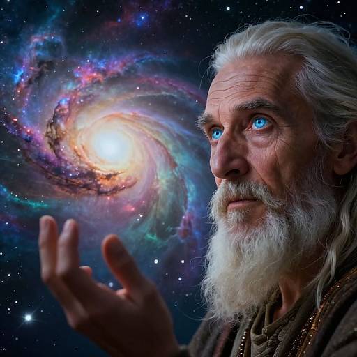 Photorealistic image of an elderly white man with a white beard and bright blue eyes, pointing at a vibrant, glowing spiral galaxy in space.