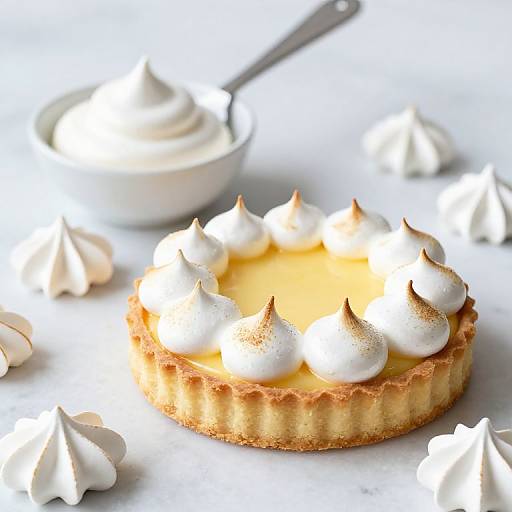 Photograph of a lemon tart with white whipped cream peaks, golden crust, and a small bowl of whipped cream in the background.