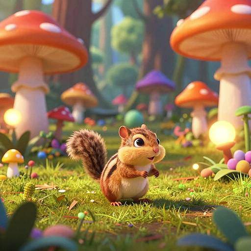 Photorealistic CGI of a cute, brown and white chipmunk standing on lush green grass in a whimsical forest filled with colorful, oversized mushrooms