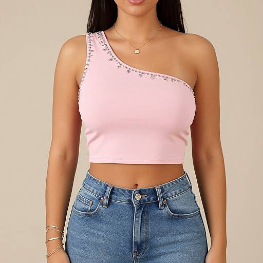 Photograph of a woman with long black hair, wearing a white one-shoulder crop top with silver studs, high-waisted blue jeans,
