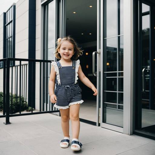 Smiling toddler girl in navy striped romper outdoors