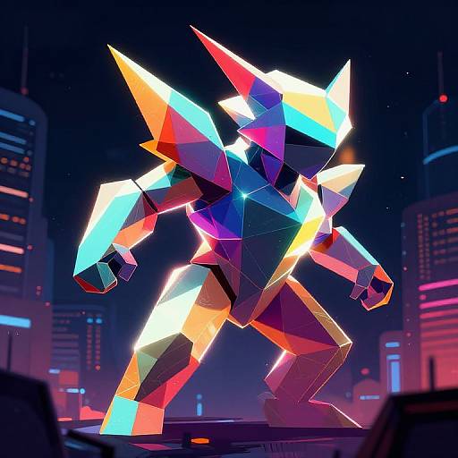 Glowing, geometric, neon-colored robot statue standing in a futuristic cityscape at night, with brightly lit skyscrapers in the background. Digital