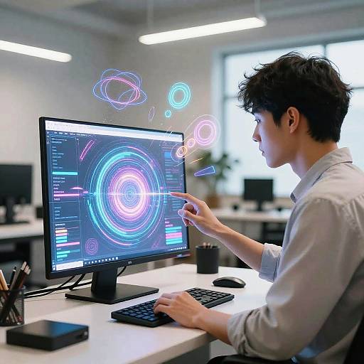 Photograph of a young man with short, curly black hair, wearing a light gray shirt, working on a computer with colorful, holographic interface elements