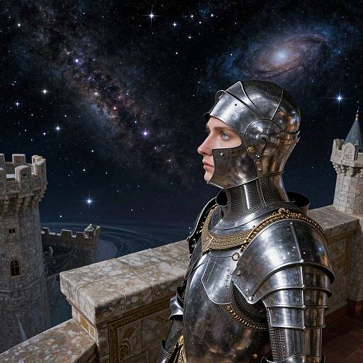 Medieval knight in shiny silver armor with a starry galaxy backdrop, standing on a castle parapet at night. Digital art.