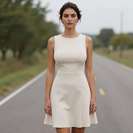 Photograph of a woman with dark hair in a white sleeveless dress standing on a deserted, tree-lined road.