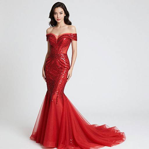 Photograph of a stunning woman with dark wavy hair, wearing an off-the-shoulder, form-fitting red sequin mermaid gown with